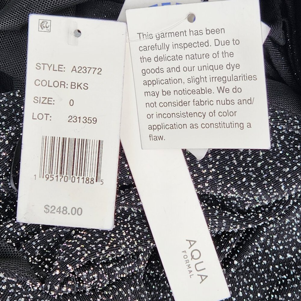 AQUA Metallic Ruched Faux Wrap Mini Dress Black Silver Puff Sleeve NWT Size 0 - Picture 8 of 8